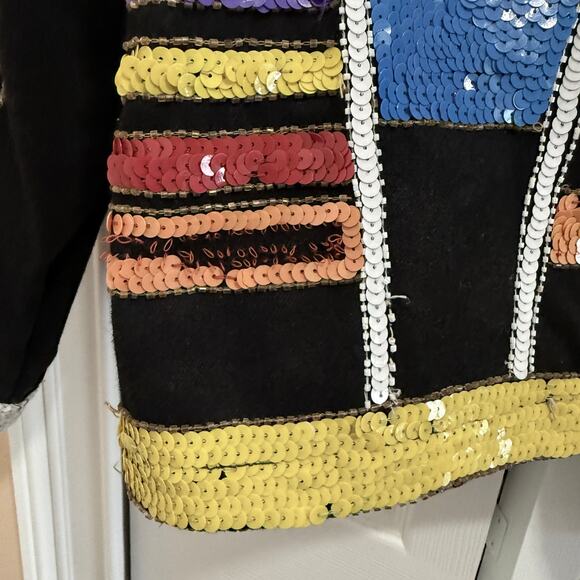 VTG MODI Sequin Patchwork Denim Jacket Women's M Boho Statement 90s vibes FLAW - Picture 12 of 13